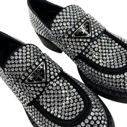 Prada Loafers Leather Shoes Satin Black Crystal Rhinestone Logo Plate