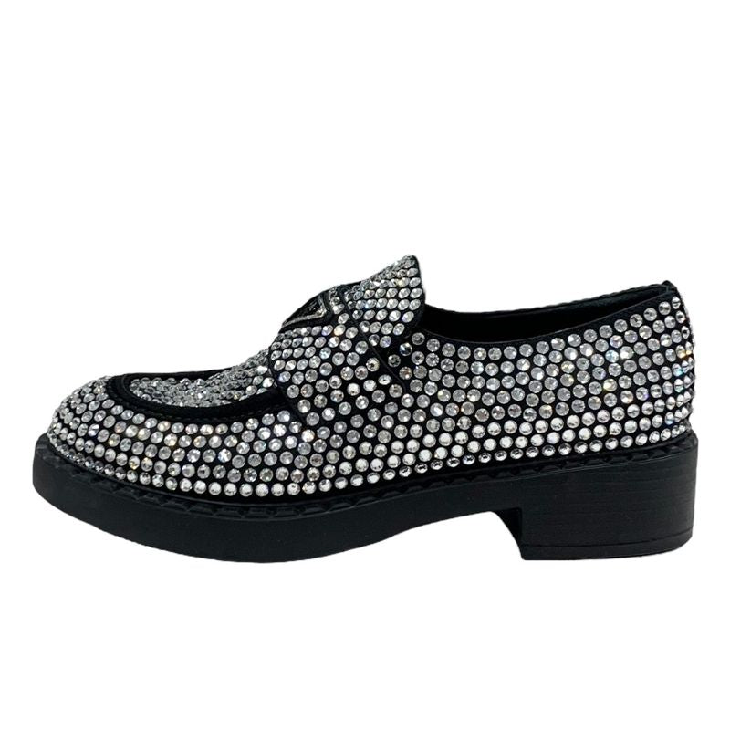 Prada Loafers Leather Shoes Satin Black Crystal Rhinestone Logo Plate