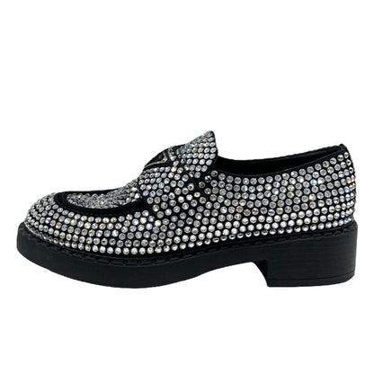 Prada Loafers Leather Shoes Satin Black Crystal Rhinestone Logo Plate