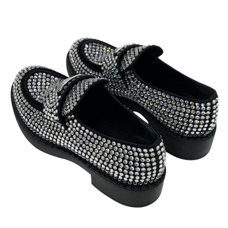 Prada Loafers Leather Shoes Satin Black Crystal Rhinestone Logo Plate