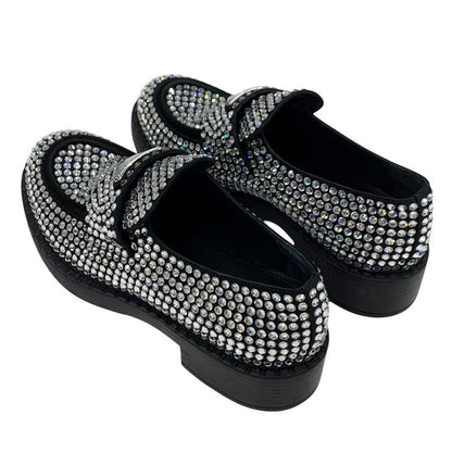 Prada Loafers Leather Shoes Satin Black Crystal Rhinestone Logo Plate