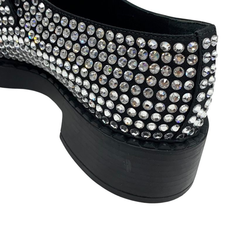 Prada Loafers Leather Shoes Satin Black Crystal Rhinestone Logo Plate