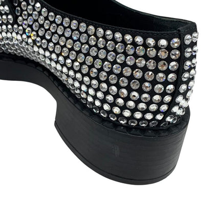 Prada Loafers Leather Shoes Satin Black Crystal Rhinestone Logo Plate