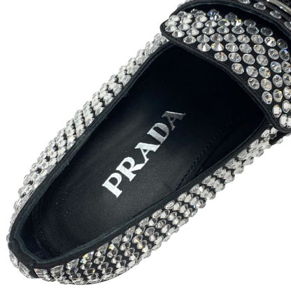 Prada Loafers Leather Shoes Satin Black Crystal Rhinestone Logo Plate