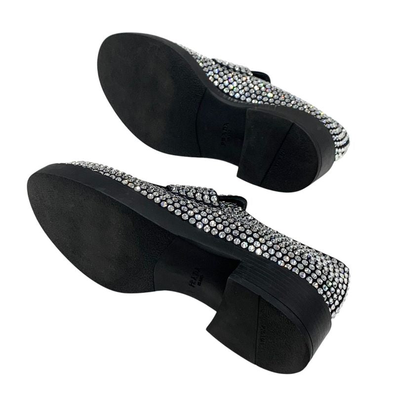 Prada Loafers Leather Shoes Satin Black Crystal Rhinestone Logo Plate