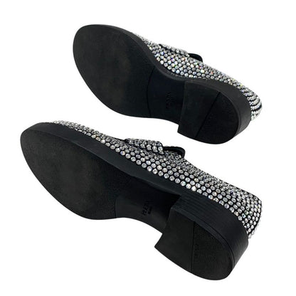 Prada Loafers Leather Shoes Satin Black Crystal Rhinestone Logo Plate