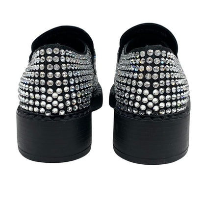 Prada Loafers Leather Shoes Satin Black Crystal Rhinestone Logo Plate