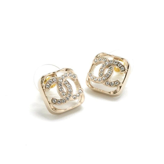 Chanel Earrings Earring Gold Coco Mark Rhinestone Square