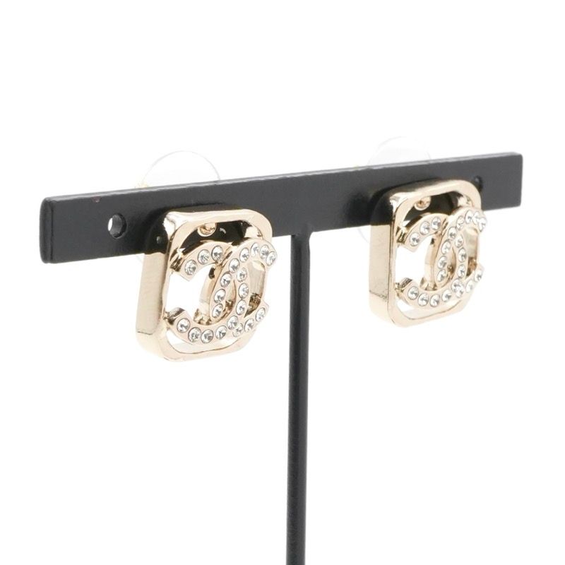 Chanel Earrings Earring Gold Coco Mark Rhinestone Square