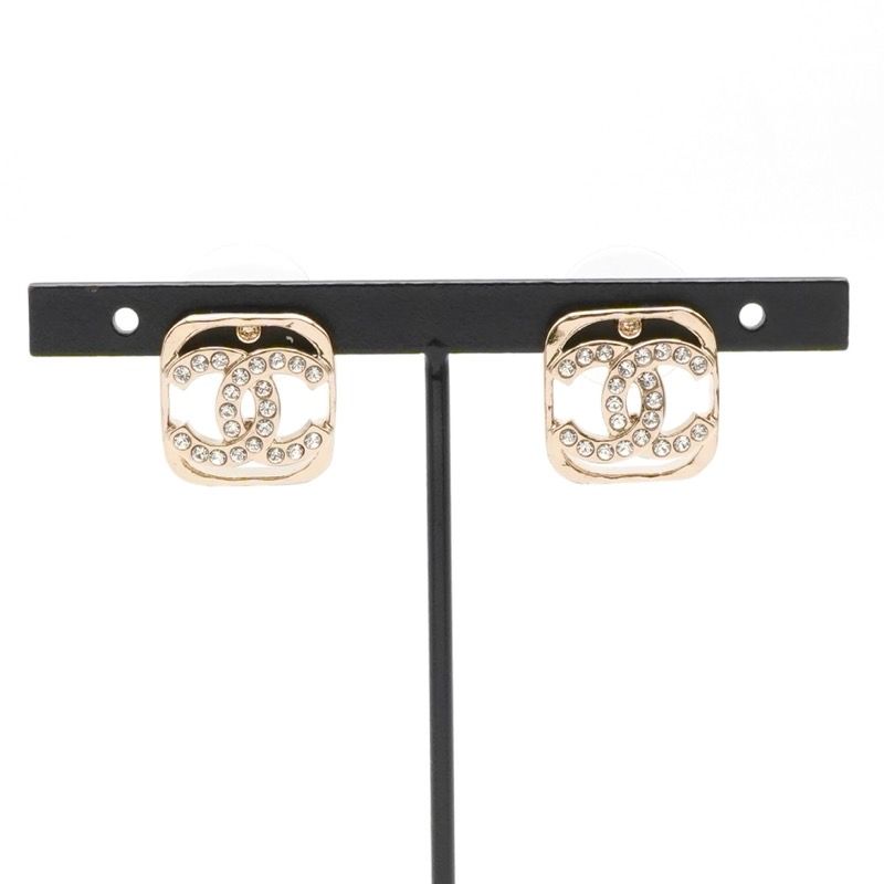 Chanel Earrings Earring Gold Coco Mark Rhinestone Square
