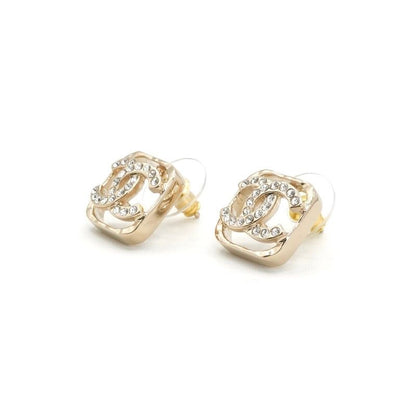 Chanel Earrings Earring Gold Coco Mark Rhinestone Square