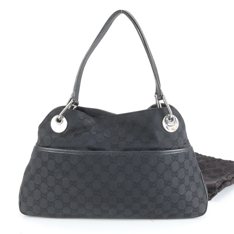 Gucci GG Canvas 121023 Leather Tote Bag Shoulder Hand Genuine Leather Black