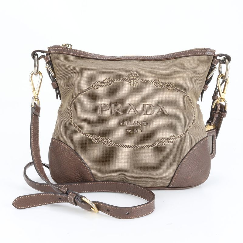Prada Logo Jacquard Leather Canvas Shoulder Bag Crossbody Hand Genuine Leather