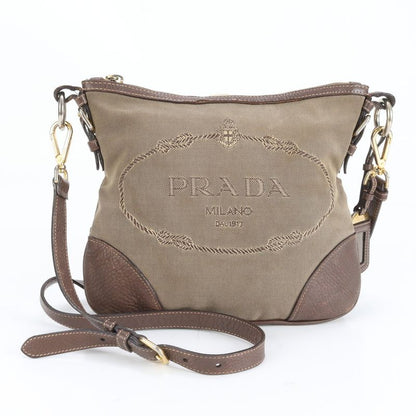 Prada Logo Jacquard Leather Canvas Shoulder Bag Crossbody Hand Genuine Leather