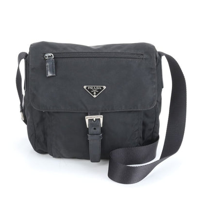 Prada Tessuto Nylon Triangle Logo Leather X Nylon Shoulder Bag Crossbody Black