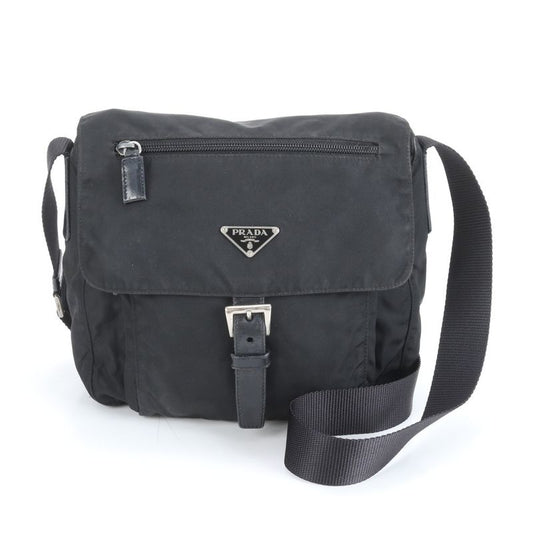 Prada Tessuto Nylon Triangle Logo Leather X Nylon Shoulder Bag Crossbody Black