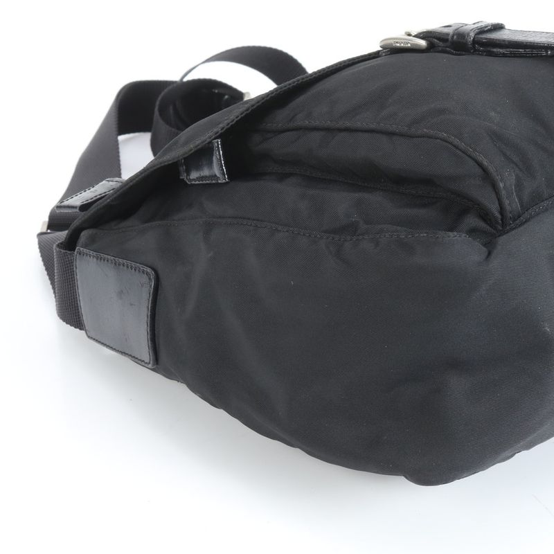 Prada Tessuto Nylon Triangle Logo Leather X Nylon Shoulder Bag Crossbody Black