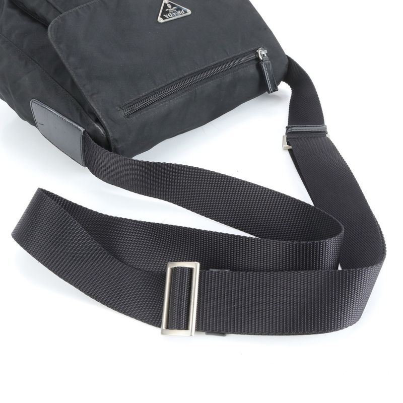 Prada Tessuto Nylon Triangle Logo Leather X Nylon Shoulder Bag Crossbody Black