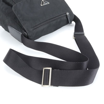 Prada Tessuto Nylon Triangle Logo Leather X Nylon Shoulder Bag Crossbody Black
