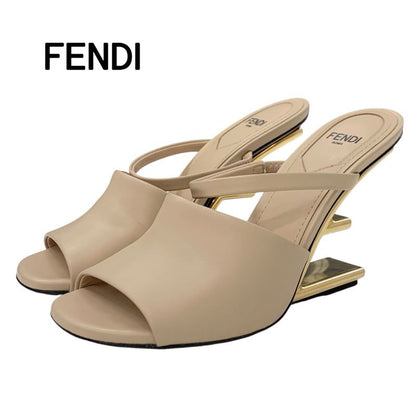 Fendi First Sandals Shoes Leather Beige Gold Mule Metal Heel