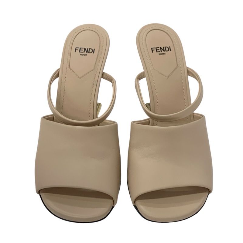 Fendi First Sandals Shoes Leather Beige Gold Mule Metal Heel