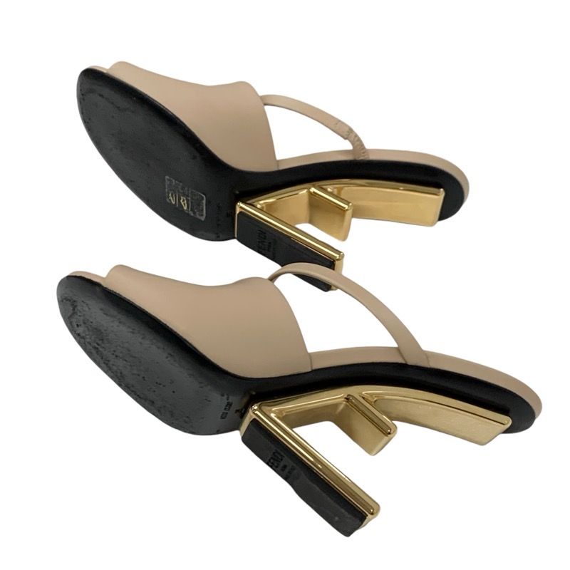 Fendi First Sandals Shoes Leather Beige Gold Mule Metal Heel