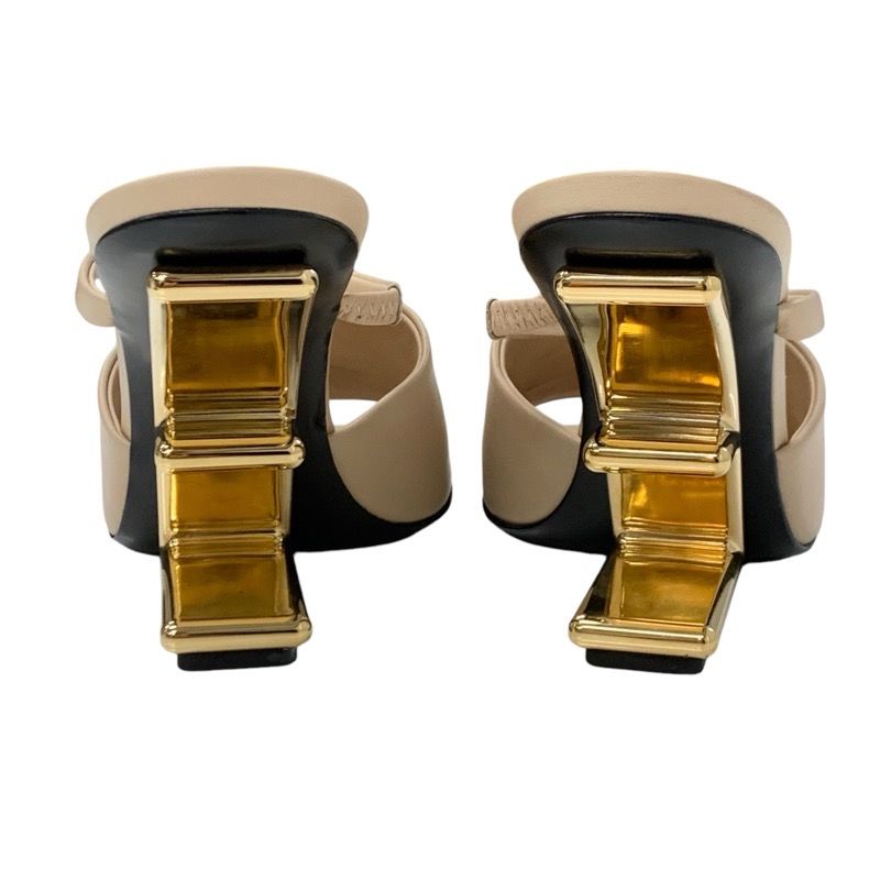 Fendi First Sandals Shoes Leather Beige Gold Mule Metal Heel