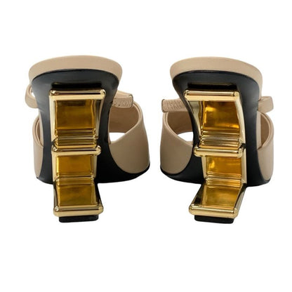 Fendi First Sandals Shoes Leather Beige Gold Mule Metal Heel