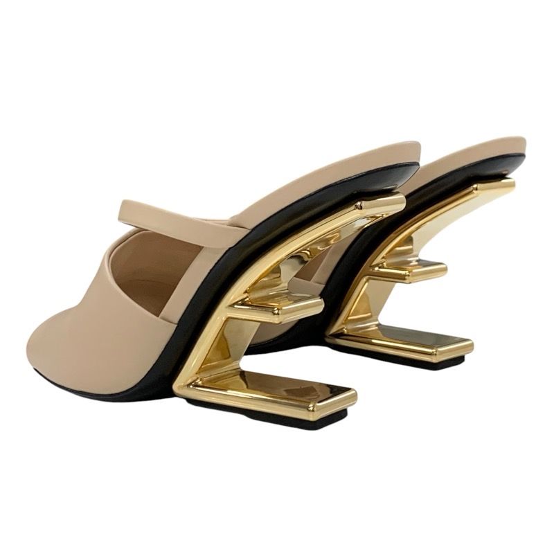 Fendi First Sandals Shoes Leather Beige Gold Mule Metal Heel