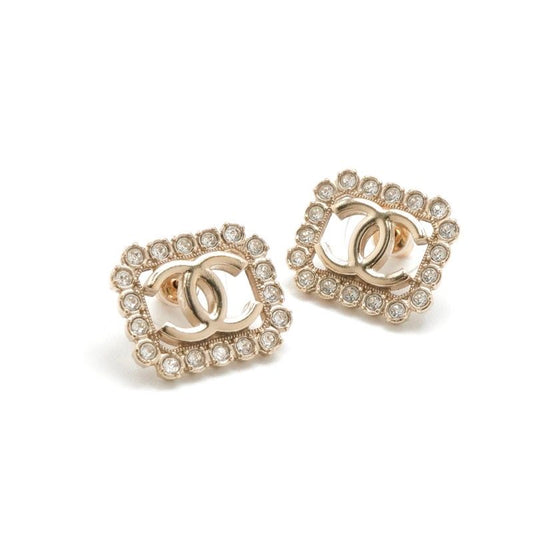 Chanel Earrings Earring Gold Coco Mark Square Rhinestone