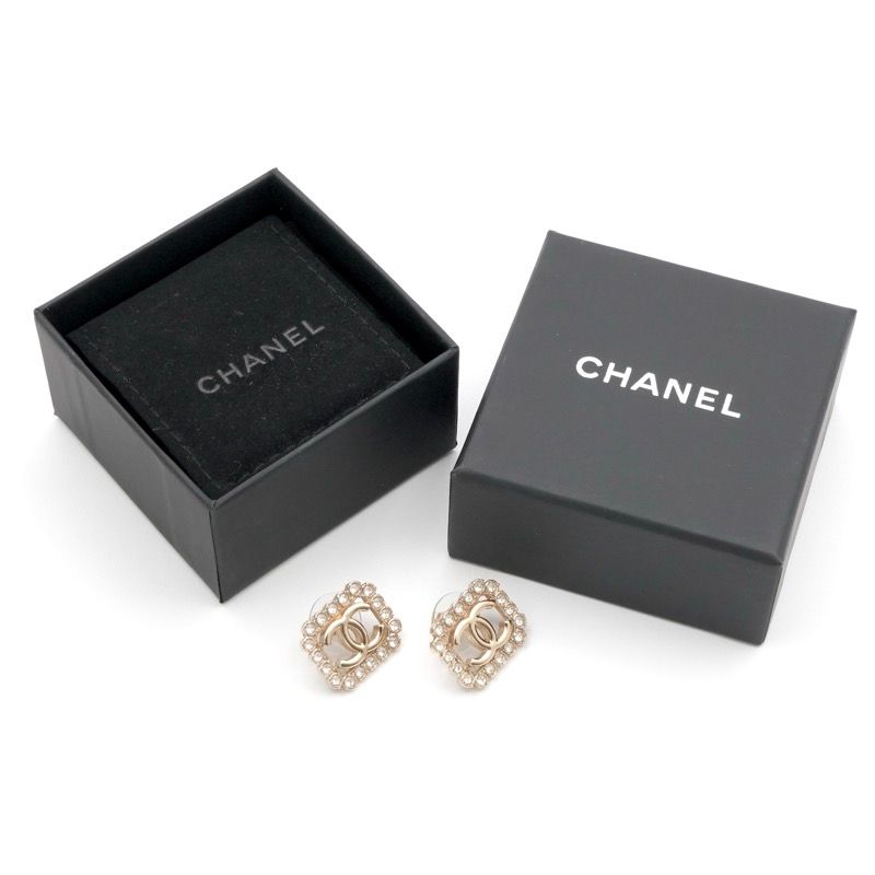 Chanel Earrings Earring Gold Coco Mark Square Rhinestone