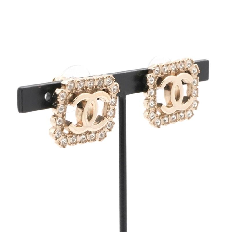 Chanel Earrings Earring Gold Coco Mark Square Rhinestone