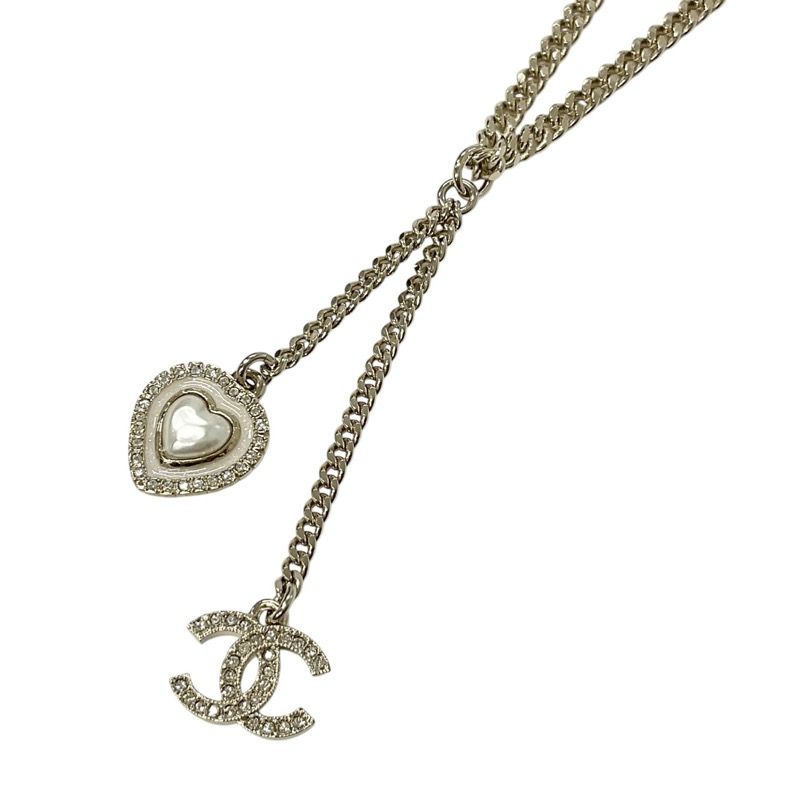 Chanel Necklace Pendant Choker Gold White Coco Mark Heart Rhinestone
