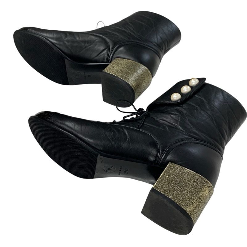 Chanel Boots Short Boots Shoes Leather Black Coco Mark Pearl Lace Up Wrinkle