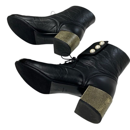 Chanel Boots Short Boots Shoes Leather Black Coco Mark Pearl Lace Up Wrinkle