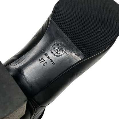 Chanel Boots Short Boots Shoes Leather Black Coco Mark Pearl Lace Up Wrinkle