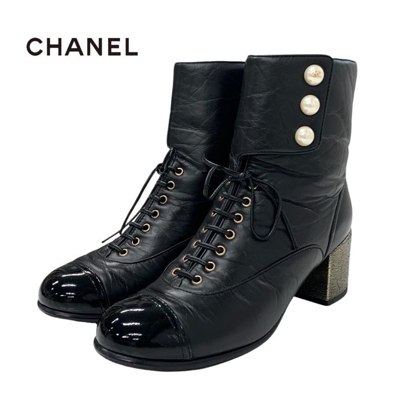Chanel Boots Short Boots Shoes Leather Black Coco Mark Pearl Lace Up Wrinkle