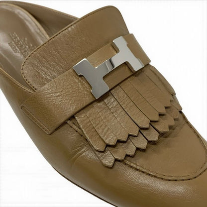 Hermes Rivoli Flat Shoes Leather Beige Silver Mule Constance Fringe Slipper