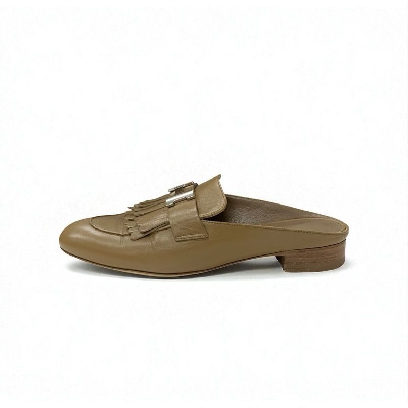 Hermes Rivoli Flat Shoes Leather Beige Silver Mule Constance Fringe Slipper