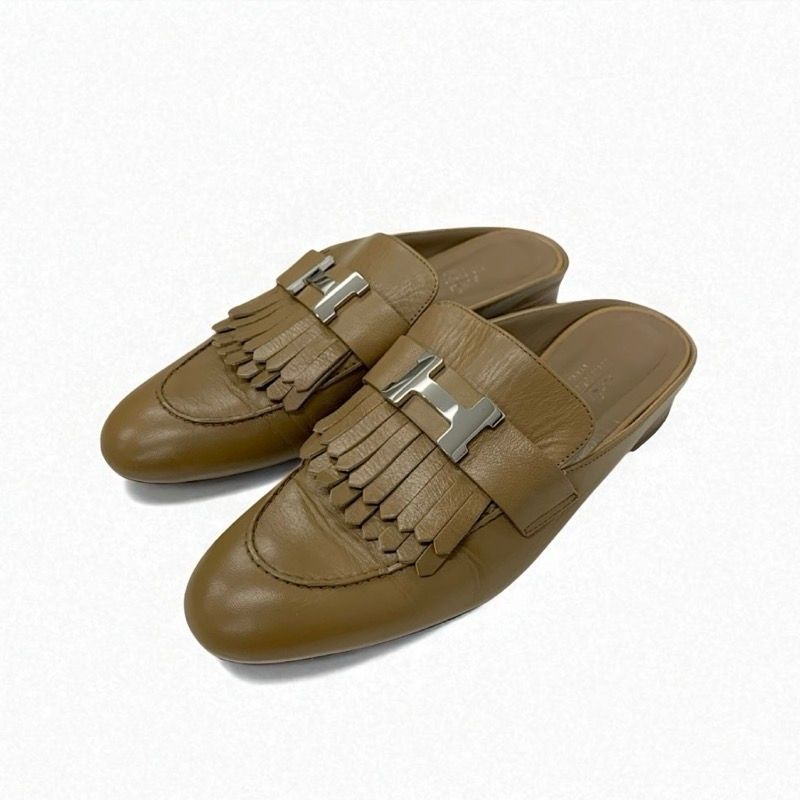 Hermes Rivoli Flat Shoes Leather Beige Silver Mule Constance Fringe Slipper