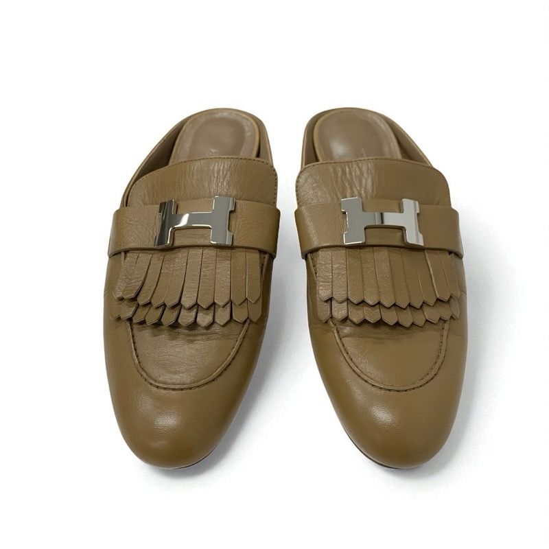 Hermes Rivoli Flat Shoes Leather Beige Silver Mule Constance Fringe Slipper