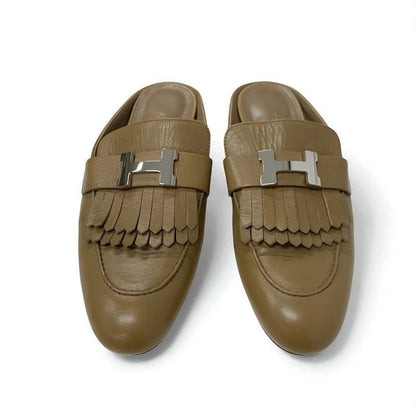 Hermes Rivoli Flat Shoes Leather Beige Silver Mule Constance Fringe Slipper