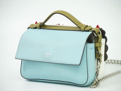 Authentic Fendi Double Micro Baguette Studded 2WAY Shoulder Bag Handbag Leather