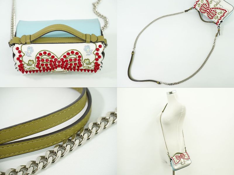 Authentic Fendi Double Micro Baguette Studded 2WAY Shoulder Bag Handbag Leather