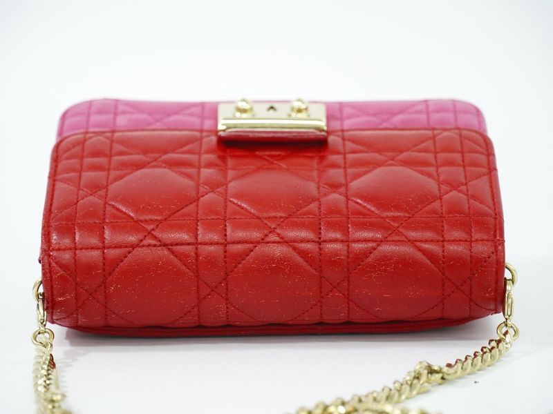 Authentic Christian DIOR Cannage Chain Shoulder Bag Pochette Leather Red Pink