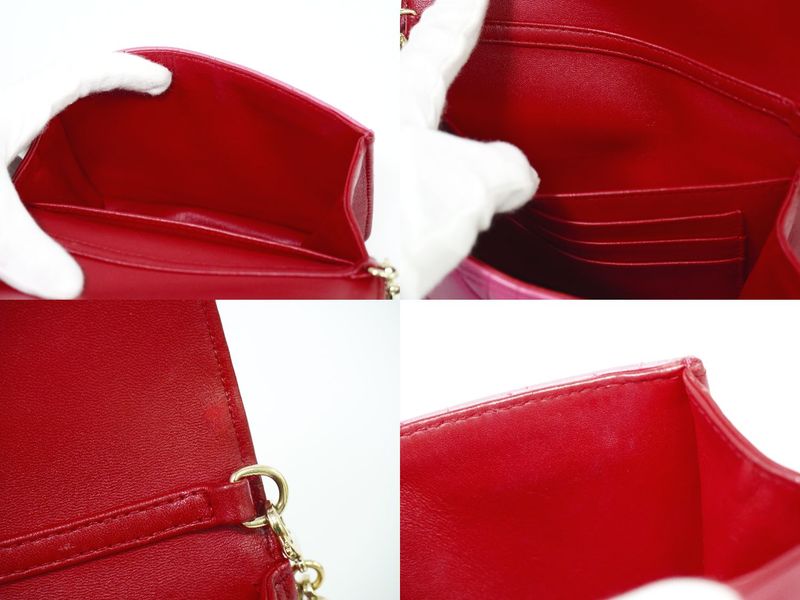 Authentic Christian DIOR Cannage Chain Shoulder Bag Pochette Leather Red Pink