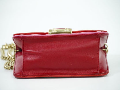 Authentic Christian DIOR Cannage Chain Shoulder Bag Pochette Leather Red Pink