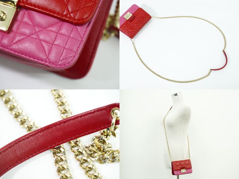 Authentic Christian DIOR Cannage Chain Shoulder Bag Pochette Leather Red Pink