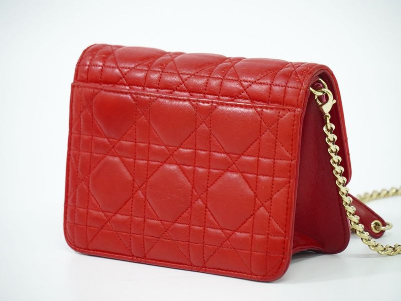 Authentic Christian DIOR Cannage Chain Shoulder Bag Pochette Leather Red Pink