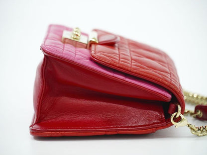 Authentic Christian DIOR Cannage Chain Shoulder Bag Pochette Leather Red Pink